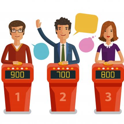 Quiz show game concept. Players answering questions standing at stand with buttons. Vector flat illustration