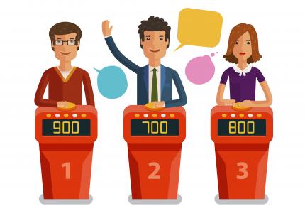 Quiz show game concept. Players answering questions standing at stand with buttons. Vector flat illustration
